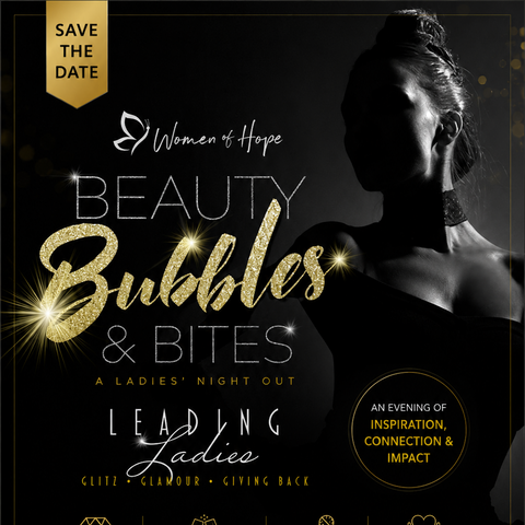 Promotional flyer for 'Beauty Bubbles & Bites' event with a silhouette of a woman against a dark background.